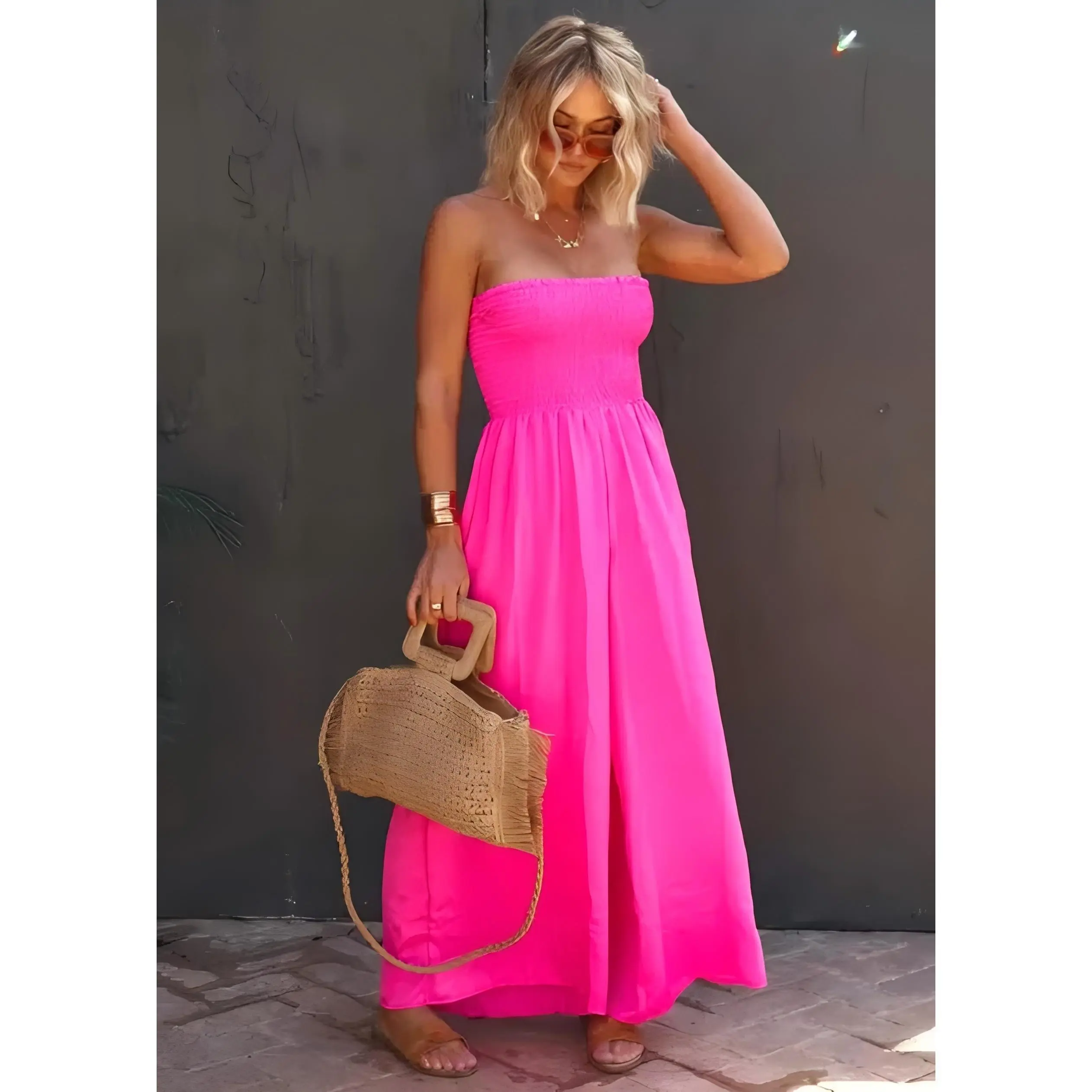 Imily Bela Womens Sleeveless Strapless Wide Leg Jumpsuits Summer Casual Loose Smocked Chiffon Jumpsuit Rompers with Pockets