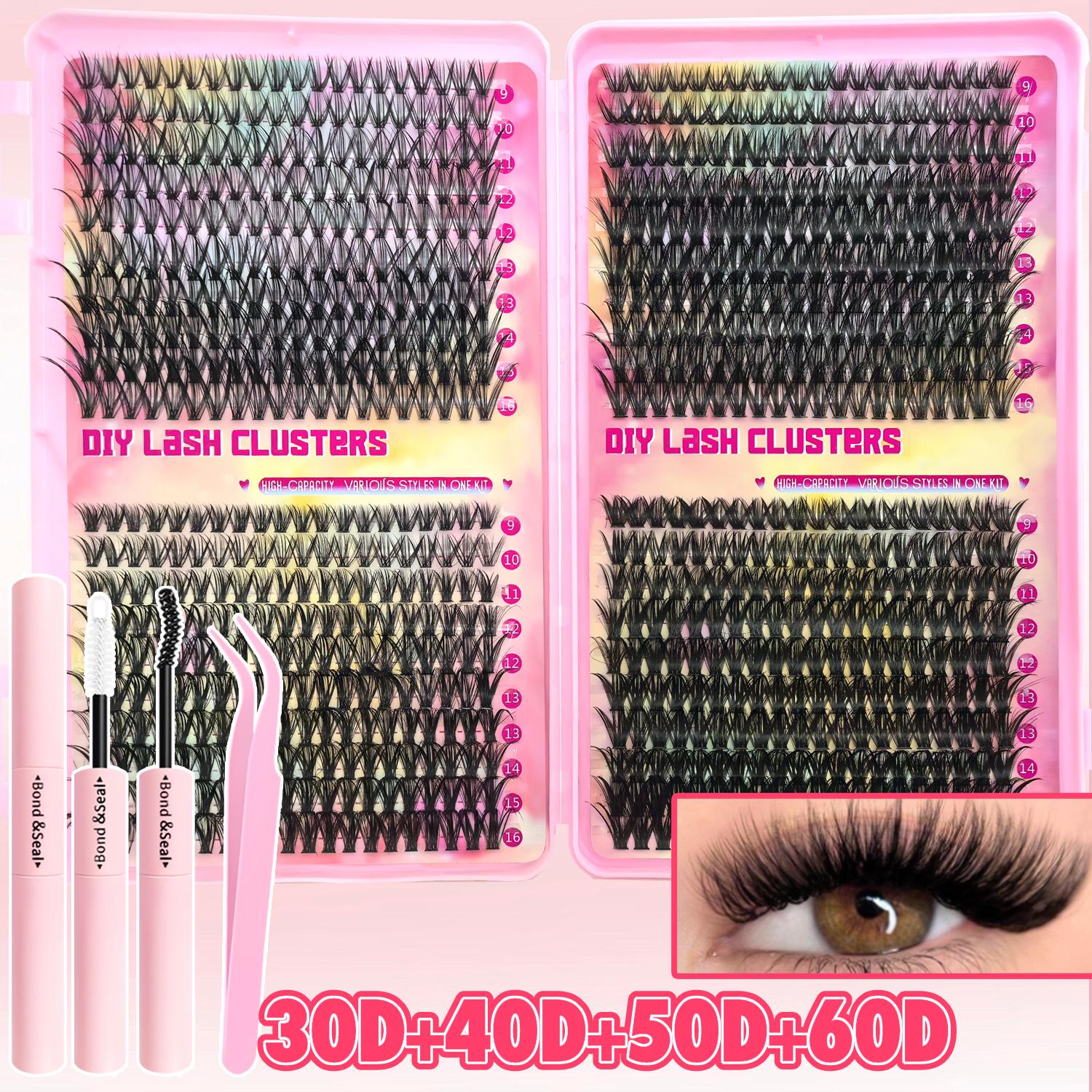 800/740/200pcs Eyelash Extension Kit, Fluffy Lash Extension Set with Lash Bond & Seal, Lash Tweezers and Thick Lash Clusters, Wispy Individual D-Curl Lashes with Eyelash Glue & Tweezers, Eyelash Tools, Cosmetic (30D/40D/50D/60D/80D/100D Mixed, 9-16mm)