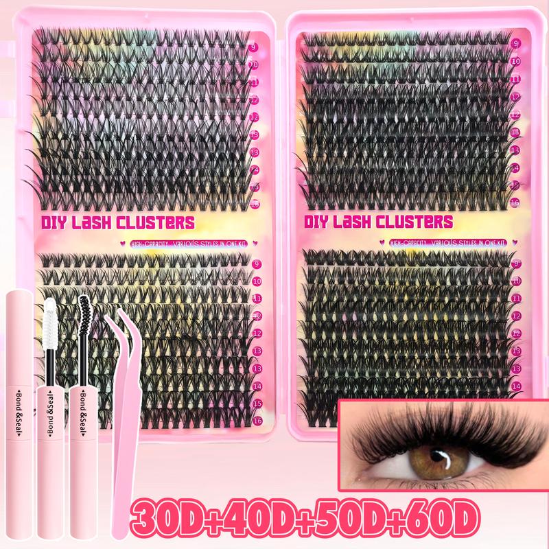800/740/200pcs Eyelash Extension Kit, Fluffy Lash Extension Set with Lash Bond & Seal, Lash Tweezers and Thick Lash Clusters, Wispy Individual D-Curl Lashes with Eyelash Glue & Tweezers (30D/40D/50D/60D/80D/100D Mixed, 9-16mm)