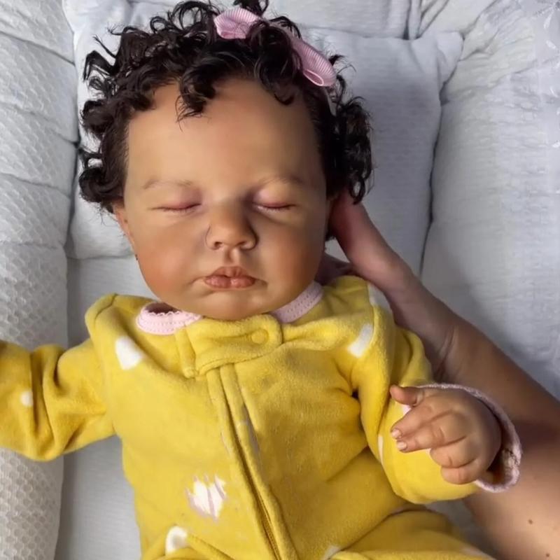 Whimsy & Wit-48cm/19inch Asleep  Baby Doll Toy| Black Brown Skin Vinyl Limbs Cloth Body, Lifelike Fashion, Birthday Gift Play House Toy (Including Pacifier, Diaper, and Bottle),Realistic Weighted  Baby Doll,Girl Gift Reborn sleeping
