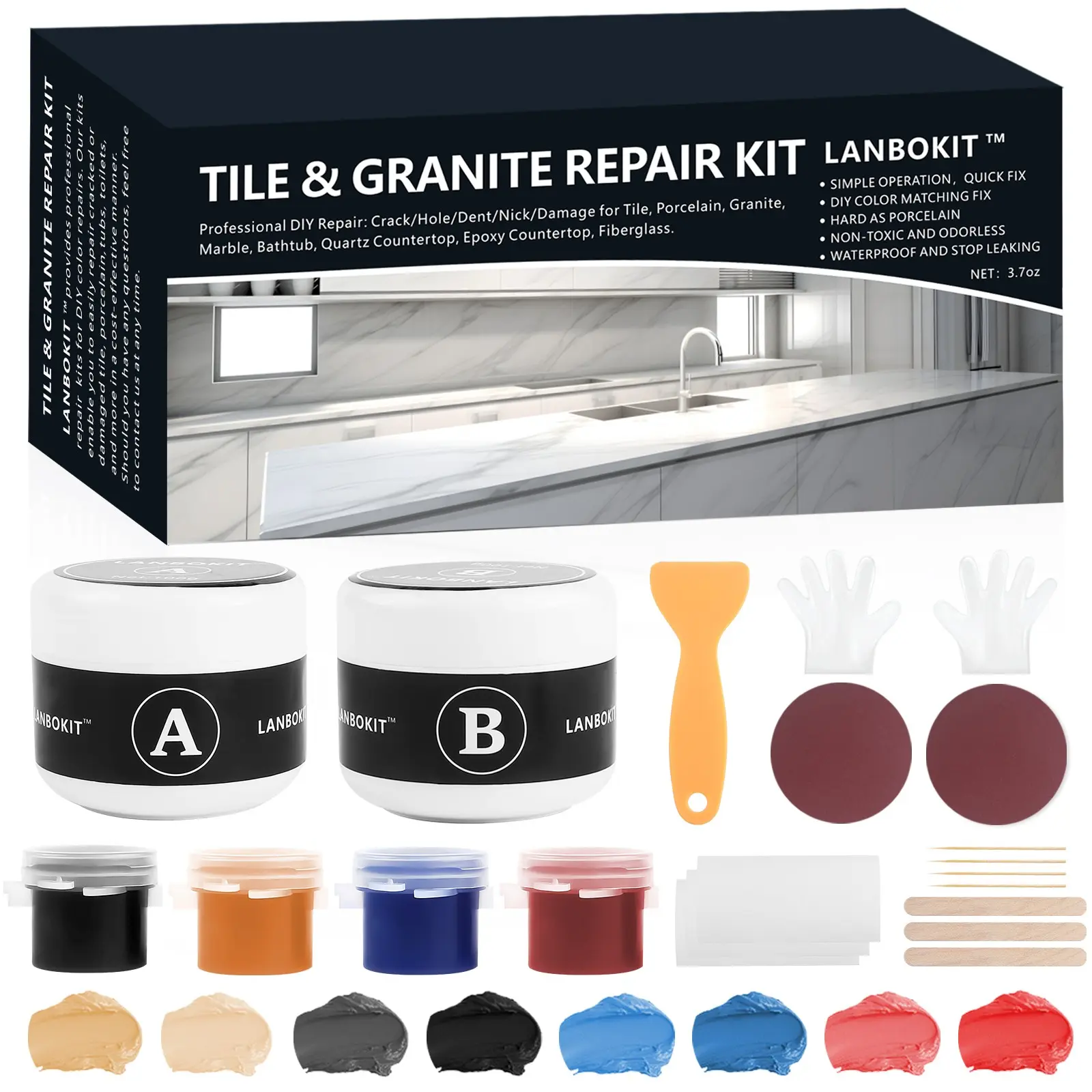Tile and Fiberglass Tub Repair Kit, LANBOKIT Marble and Granite Repair Kit, Porcelain Repair Kit for Sink & Toilet, Epoxy Glue, Adhesive for Cracks, and Quartz Countertop Repair Kit for Cracks Chips Scratches Holes Dents