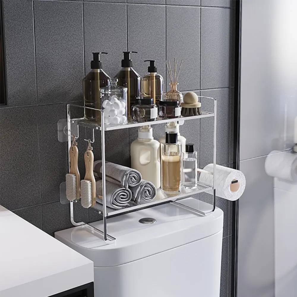 Over Toilet Storage Unit, 2-Tier Large Capacity Bathroom Storage Organizer with Paper Holder and 2 Hooks, Bathroom Storage Organizer Metal Basket Cabinet, Metal Home Storage Rack Silver