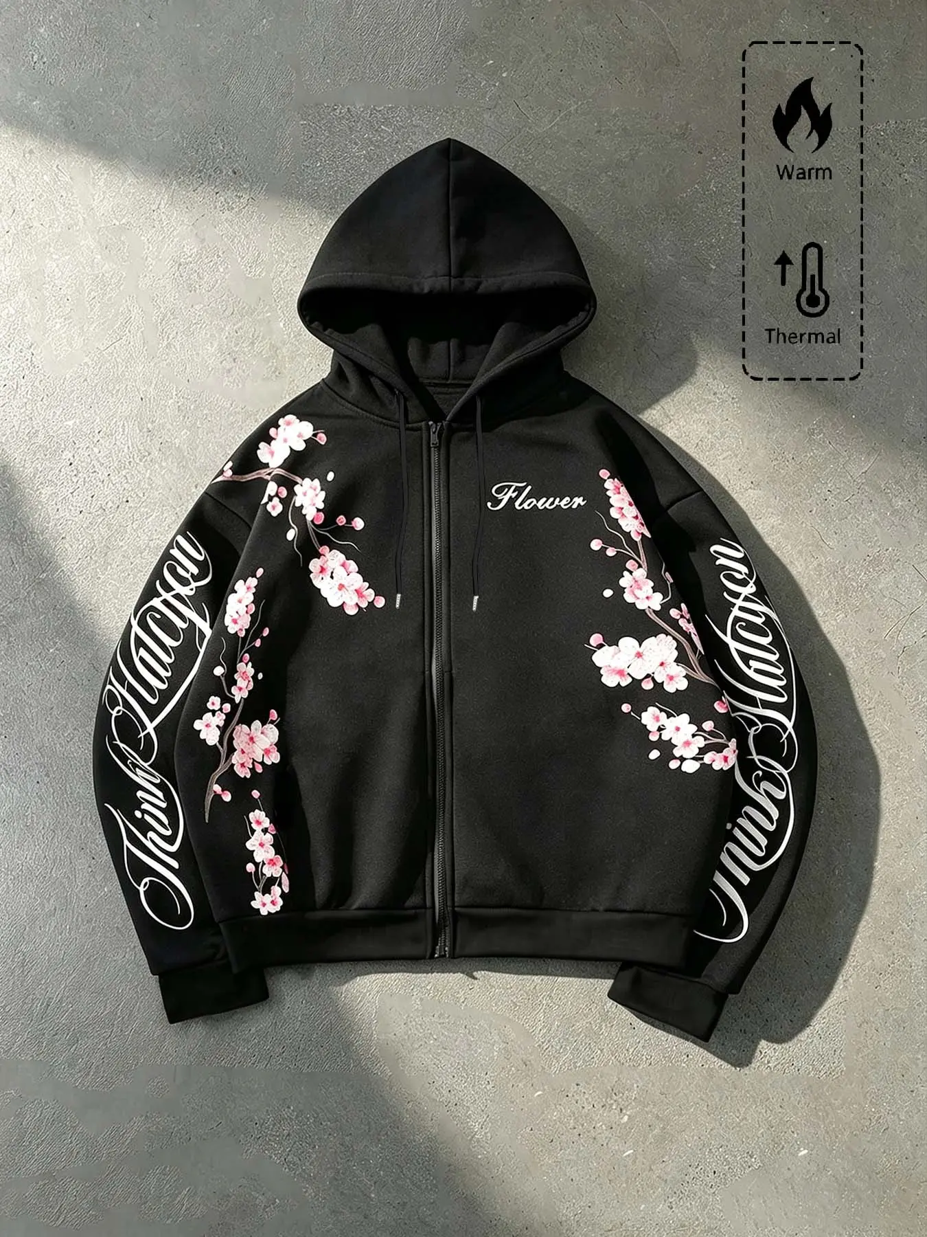 Sakura floral zip-up hoodie, suitable for both men and women, soft and comfortable with a loose fit, featuring floral and handwritten prints, perfect for daily gatherings, school, strolling on the street, casual outings, and dates.