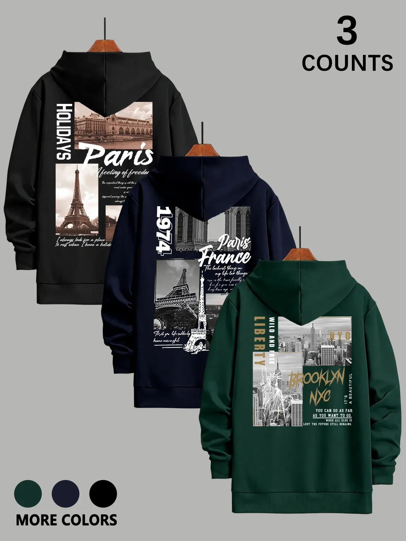 Men's Vintage Cityscape Print Hoodie 3-Pack, Paris New York Theme, Loose Fit, Multi-Color, Fall Winter Casual Wear