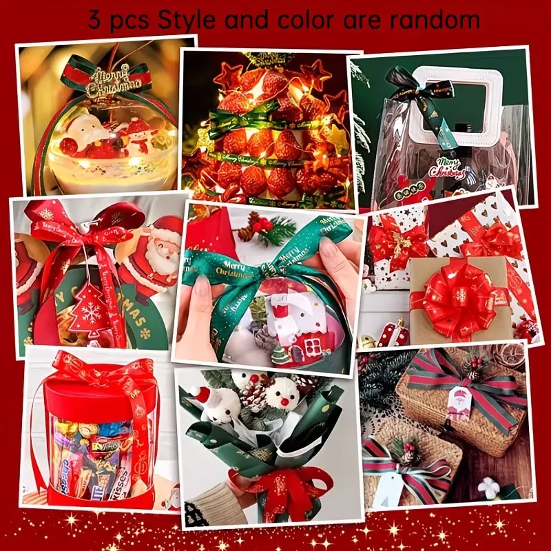 3 Pieces Christmas Ribbon Set, Cake Bouquet Decorative Ribbons, Bow for Gift Box Packaging, 3 Colors Included