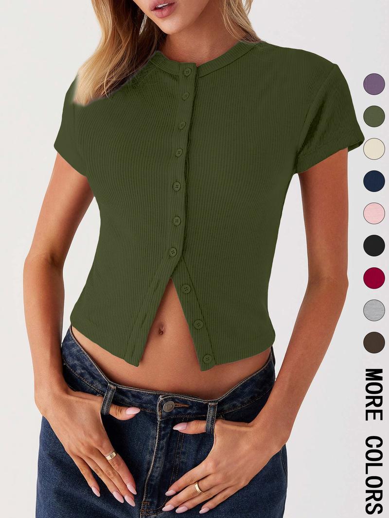 Women's Plain Button Front Ribbed Tee, Casual Slim-fitting Short Sleeve T-shirt for Daily Wear, Ladies Clothes for All Seasons,  Cute Tops