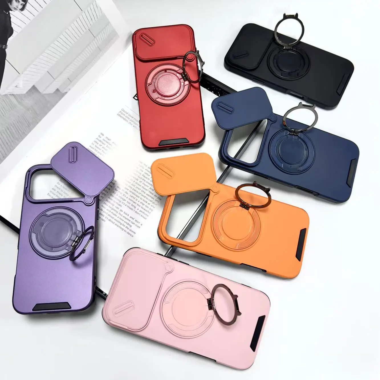 New Multifunctional Phone Case Screen Protector & Slide Camera Lens Magnetic Cover,Built-in Ring Stand Protective Phone Case for iPhone 17/16/15/14/13/12/11 Pro Max Plus/AIR/FE,with MagSafe,Shockproof Protective ,Pink and purple, exclusively for women
