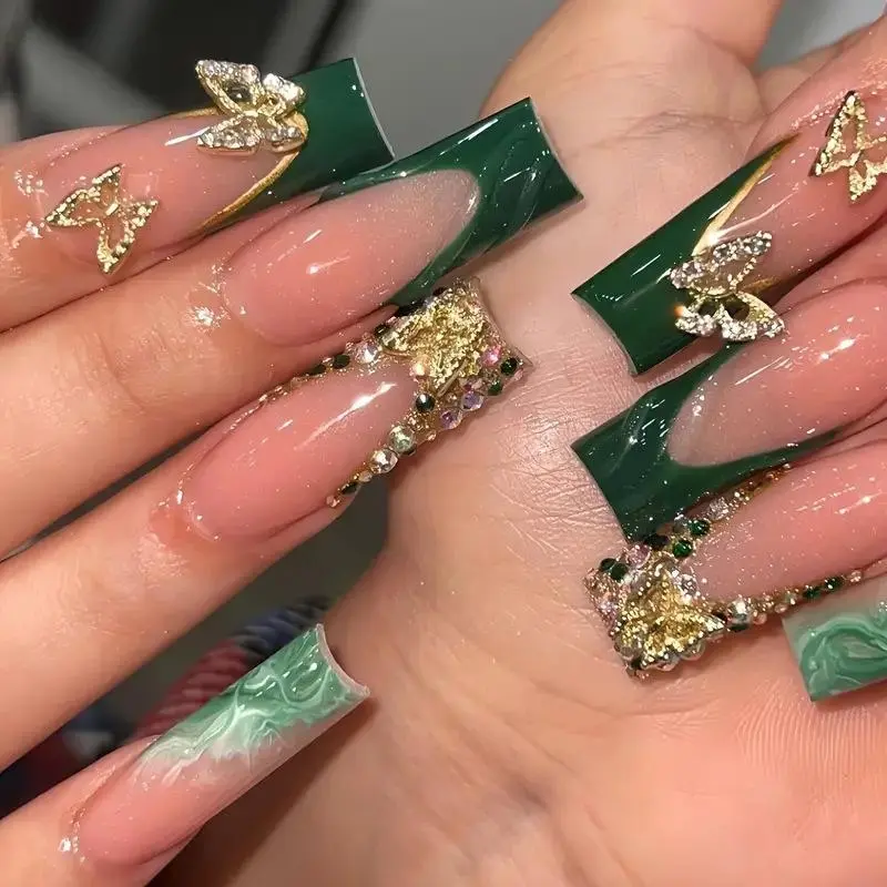 Dark Green French Butterfly Rhinestone Taper Square Press On Nails Long Coffin Gold Crystal Luxury Fake Nail Set