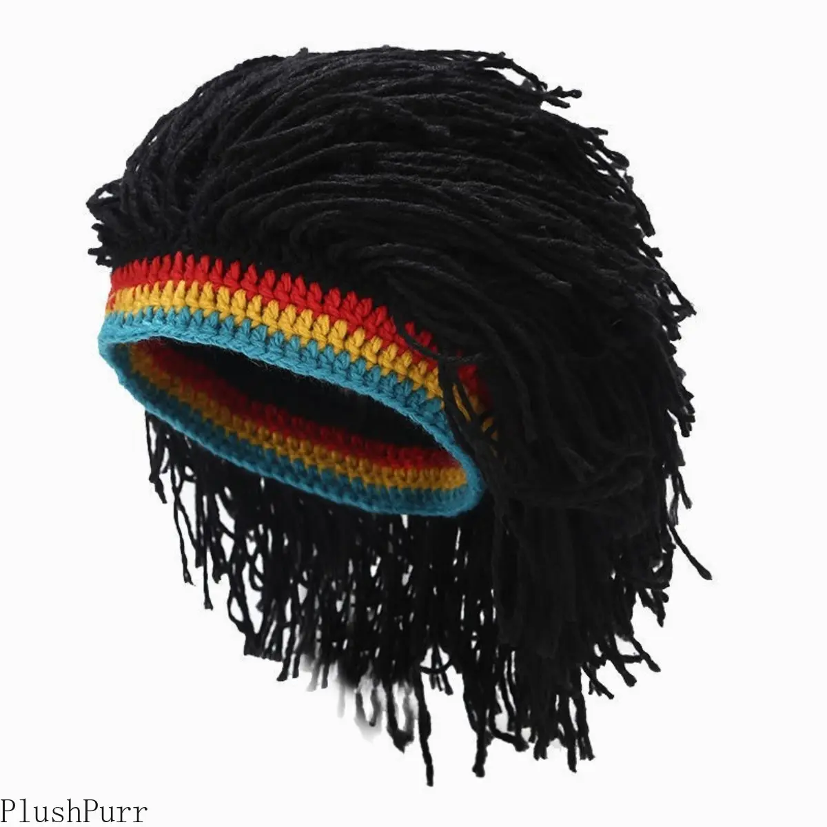 Polyester Braided Hair Knit Fit Universal Wig Beanie - Slip-On Head Covering for Men, Warm Hip-Hop Festival Casual Fashion Headwear with False-Hair Design (DIY Bag Accessory)