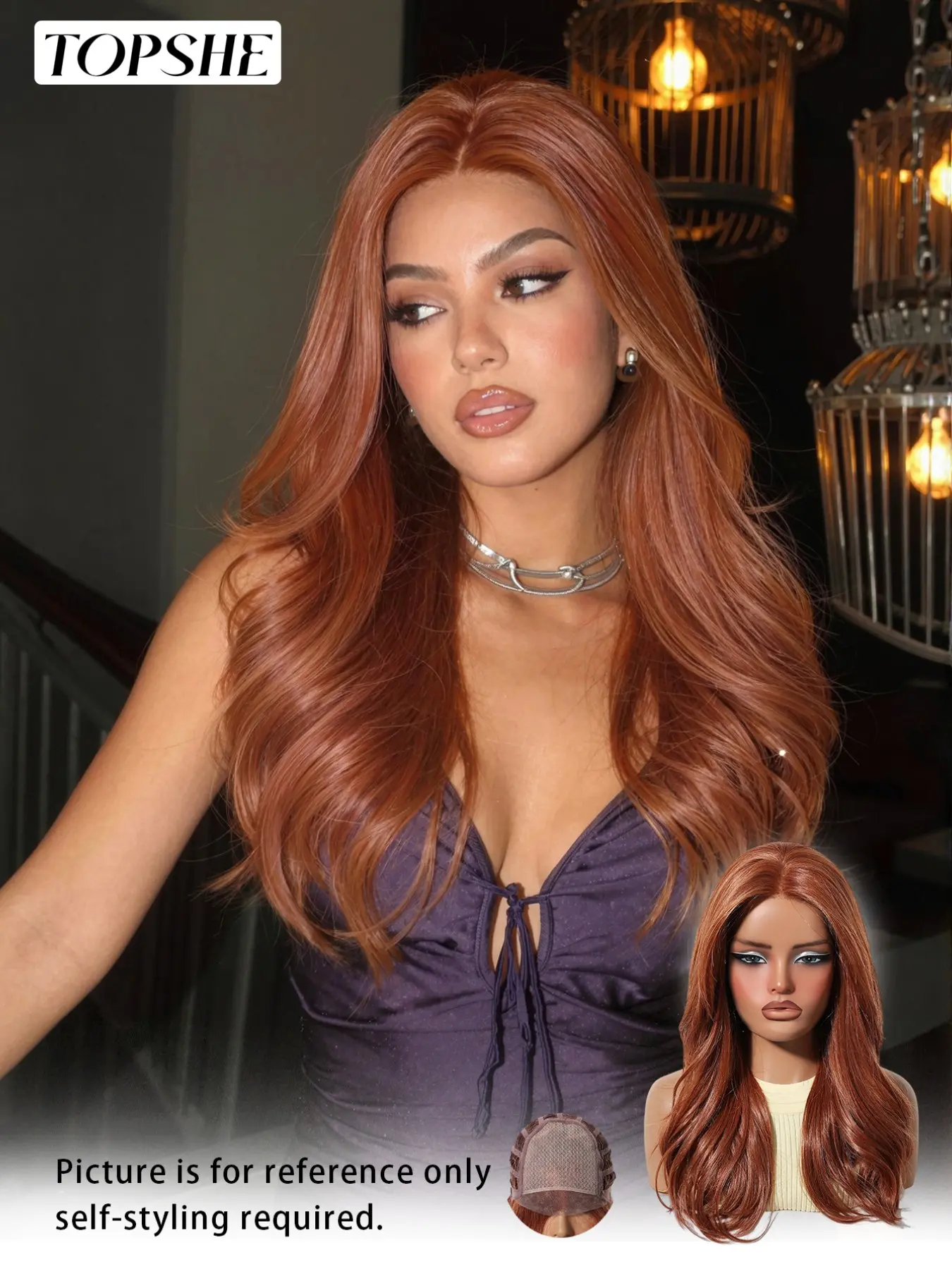 Topshe Top Rated Budget Mono Cap Wavy Wig, Pre-Cut Ready To Wear Vibrant Auburn Copper Red Wave Hair, FUTURA Imported Fibers, Beginner Friendly Glueless Mono Wig, Pre-Plucked Hairline, Anti-Tangle Heat Resistant Hair For Fashion Natural Daily Style