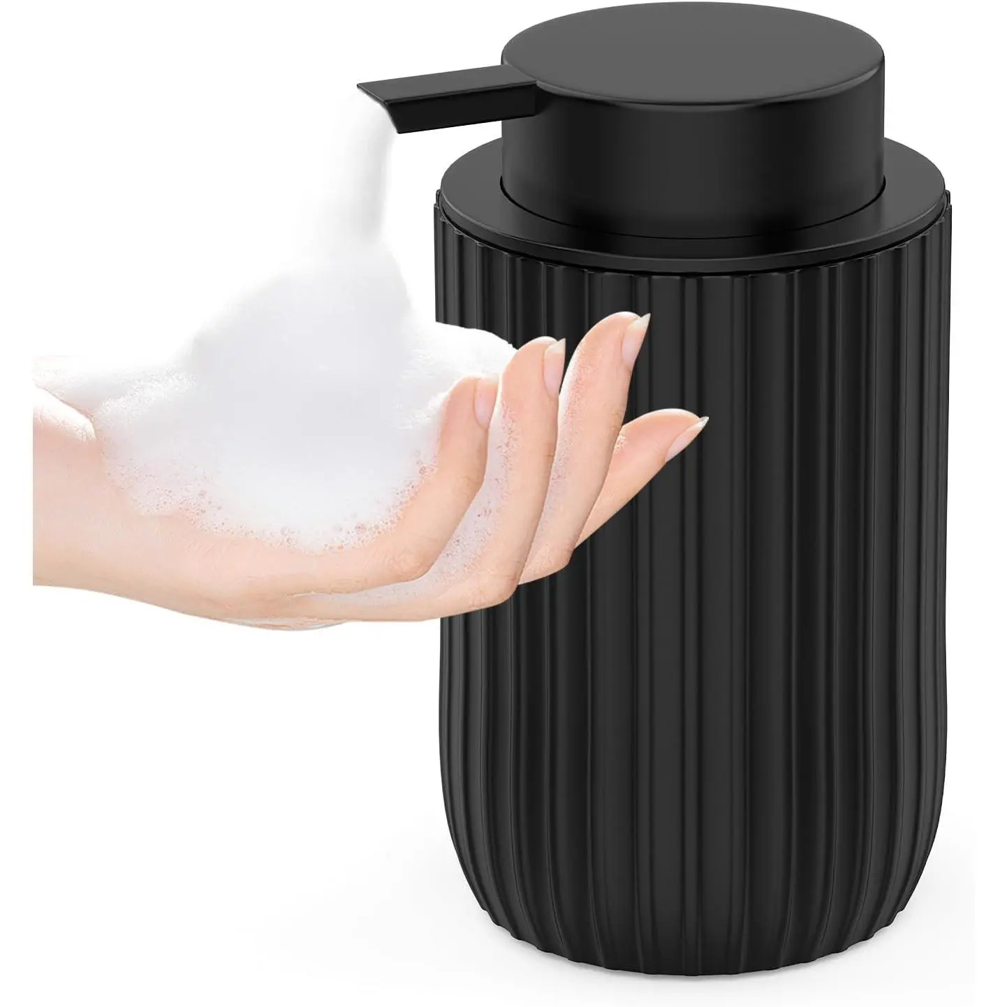 12oz Ceramic Foaming Hand Soap Dispenser - Ceramic Body, Foam Output, Large-Size Pump, Refillable Matte Black Lotion Dispenser for Bathroom Hand Washing, Plastic