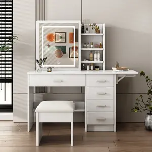Fashion Vanity Desk with Mirror and Lights for Makeup with open shelves and Chair, Vanity Mirror with Lights and Table Set with 3 Color Lighting Brightness Adjustable, 5 Drawers, White Color    RR