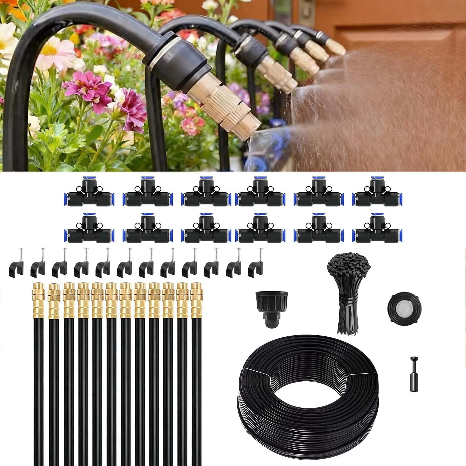 Lawn & Garden Watering Equipment,360° Adjustable Drip Irrigation System,50 ft Garden Plant Watering System with 12 Nozzles, 5/16 inches Hose Greenhouse Accessories for Yard, Lawn, Plants