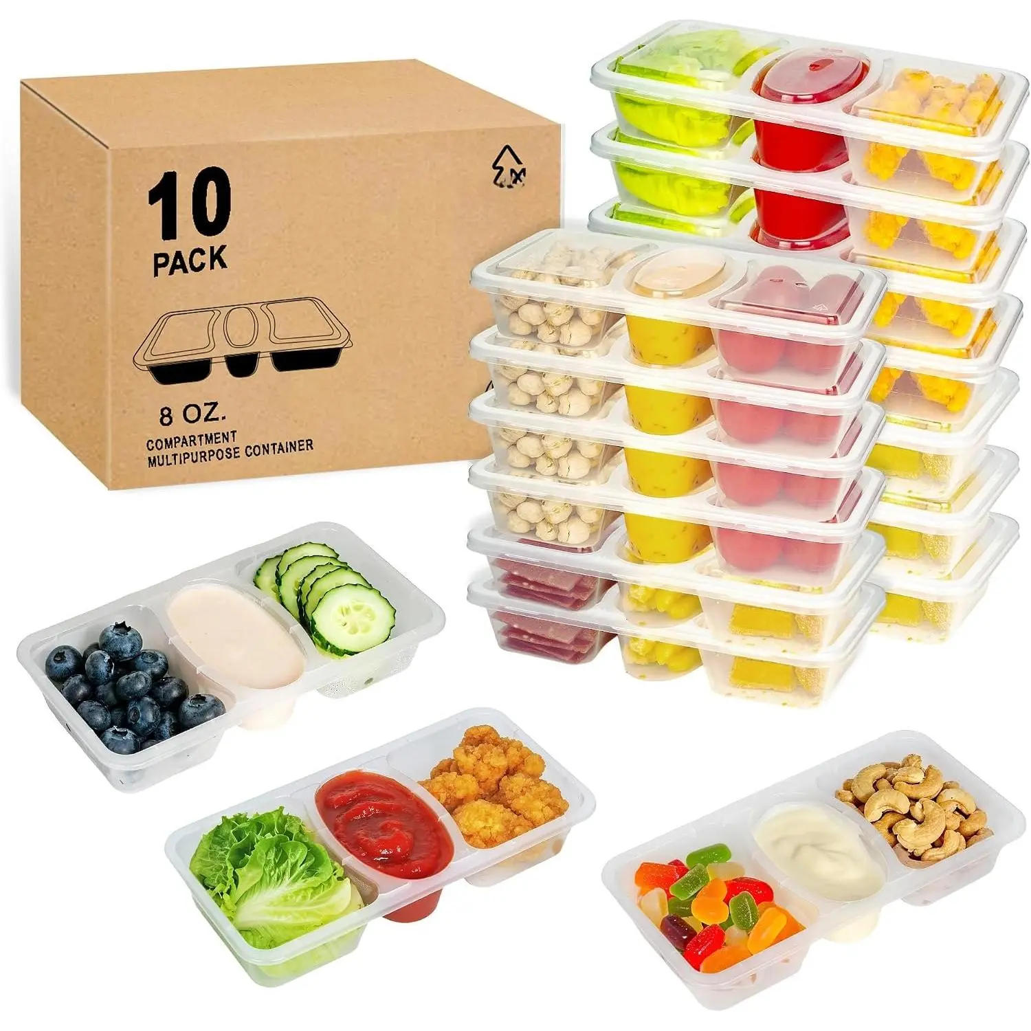 8 OZ  Snack Containers with ,  3 Compartment Condiment Snack Pack Containers 10 Sets