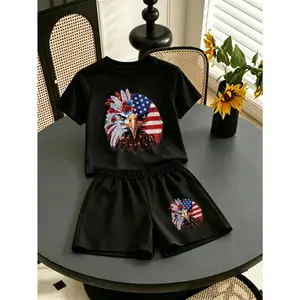 Glitter Patriotic 4th Of July 2pcs Daily Play Clothing Game Style Shirt and Casual Shorts for Boys and Girls Daily Entertainment Play, Perfect for Outdoor