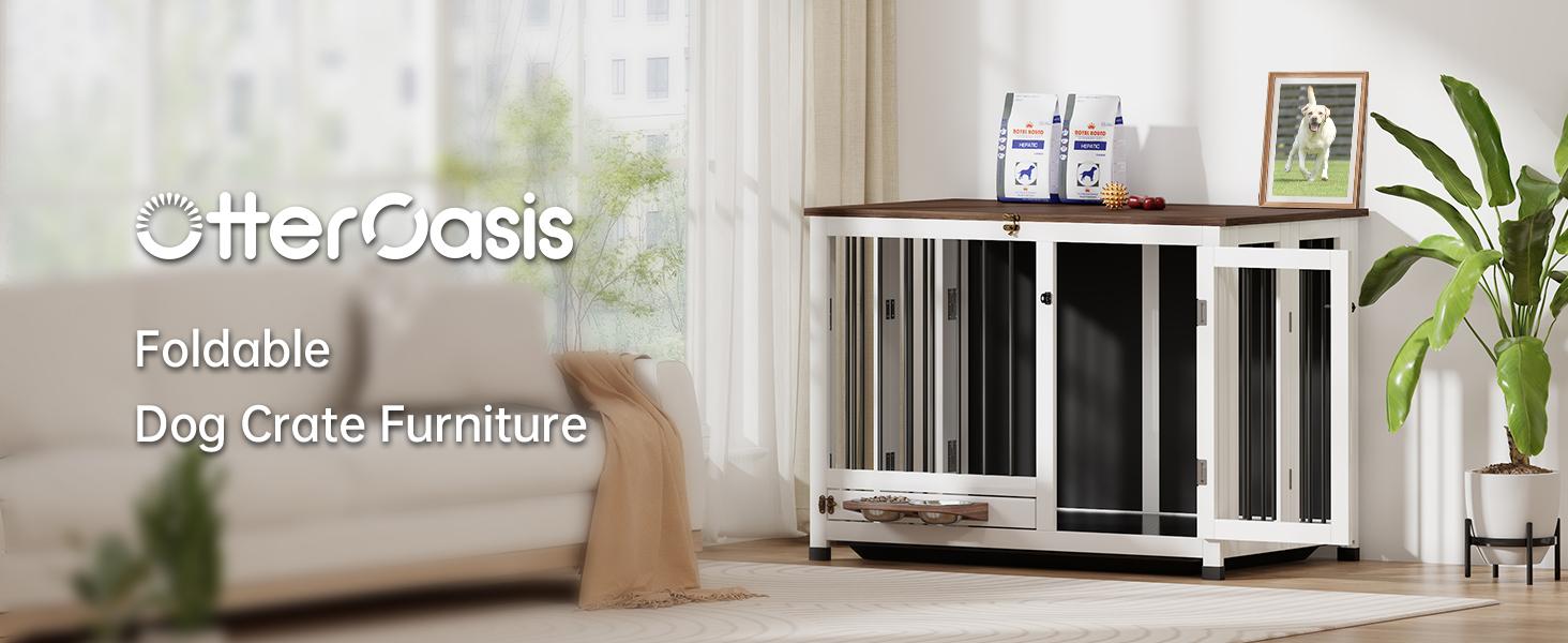 39.4'' Dog Crate Furniture, Foldable Wooden Dog Kennel with 360° Feeder, Detachable Tray, Easy Assembly for Medium & Large Dogs