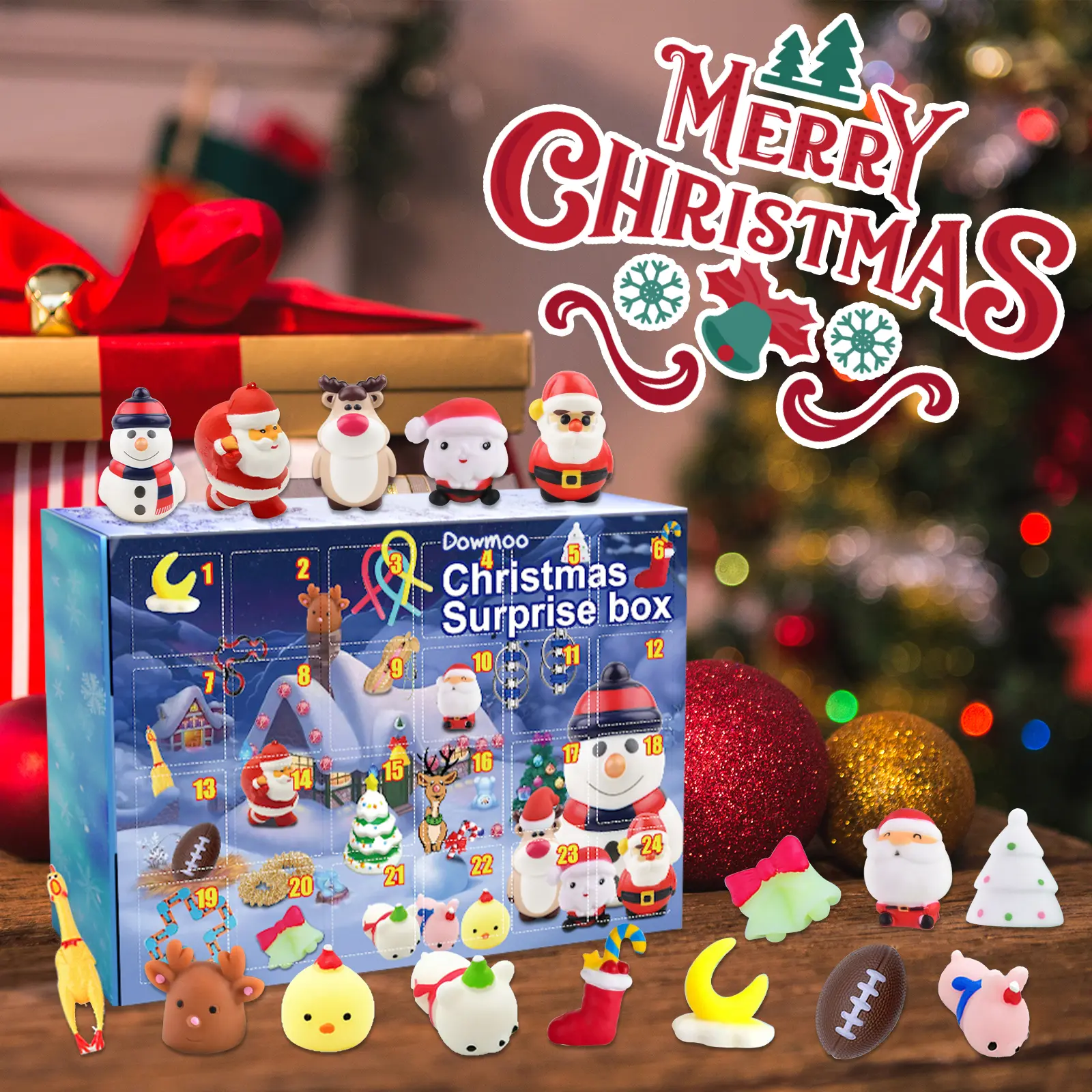 Dowmoo Christmas Advent Calendar Blind Box - 24 Random Plastic Mini Squishes, Festive Stress-Relief Toys for Kids