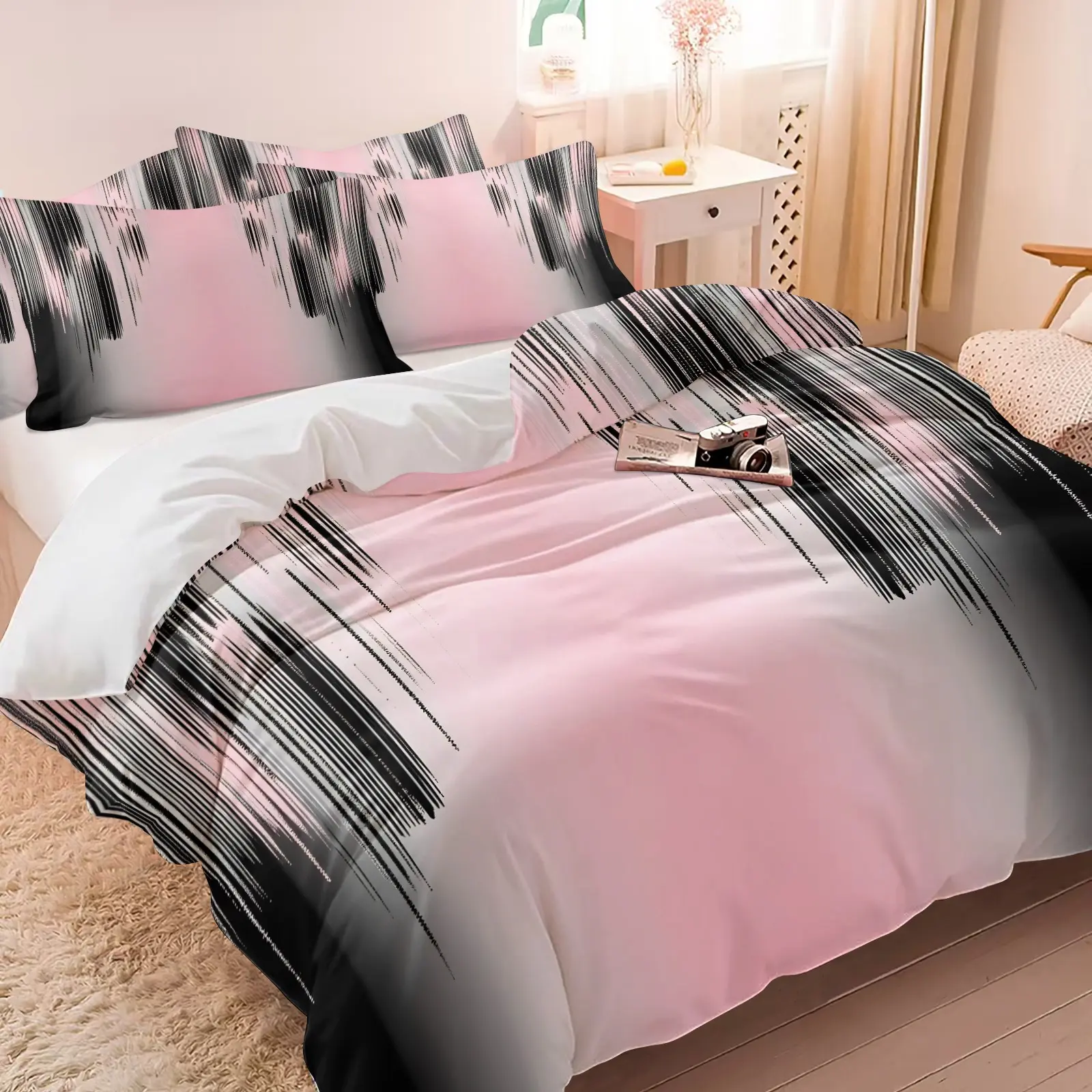 Modern Abstract Pink Black Gradient Brush Stroke Duvet Cover Set, 1 Duvet Cover & 1/2 Pillowcase Bedding Set No Filling, Minimalist Aesthetic Soft Bedding Gift for Women Teen Girls Bedroom Apartment Decor