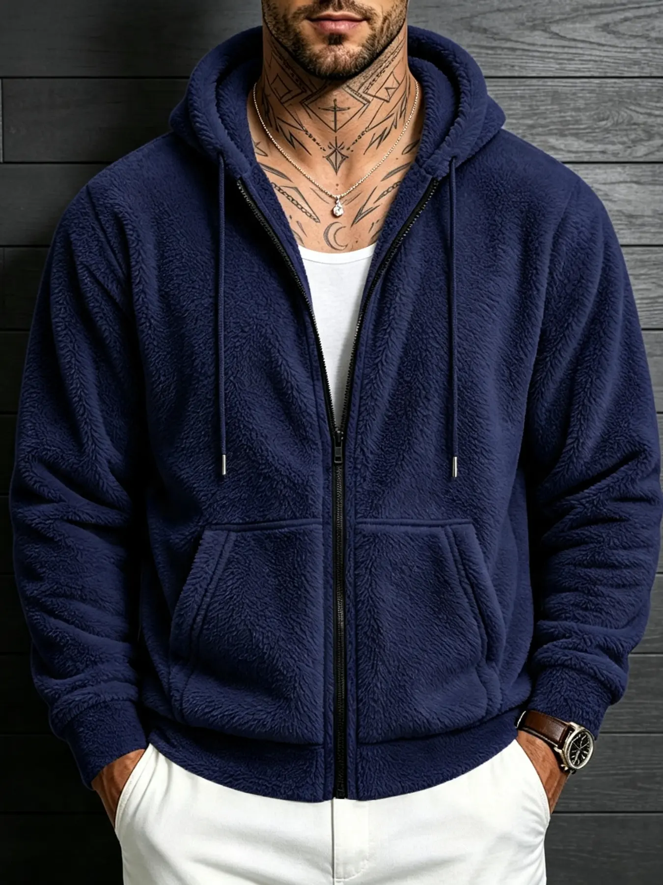 Men's Winter Double‑Sided Sherpa Fleece Full‑Zip Hoodie Jacket, Fuzzy Warm Plush Loose Hooded Coat, Long Sleeve Open Front Casual Outerwear for Daily Street & Lounge Wear, Multiple Colors Plus Sizes S‑3XL