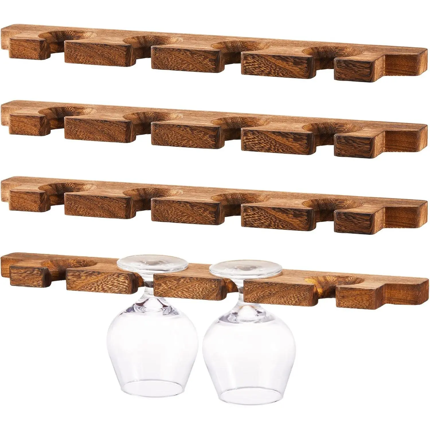 Ripeng 4 Pcs Wall Mounted Wood Stemware Rack Champagne Holder Rustic Wine Glass Hanging Shelf Wood Floating Glassware Wall Holder for Party Kitchen Bar Organizer 17 x 3 x 0.8 Inch (Dark Brown)