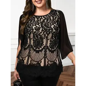 ACTIVEKIT2025 new women's lace patch chiffon sleeve fashionable and elegant round neck top
