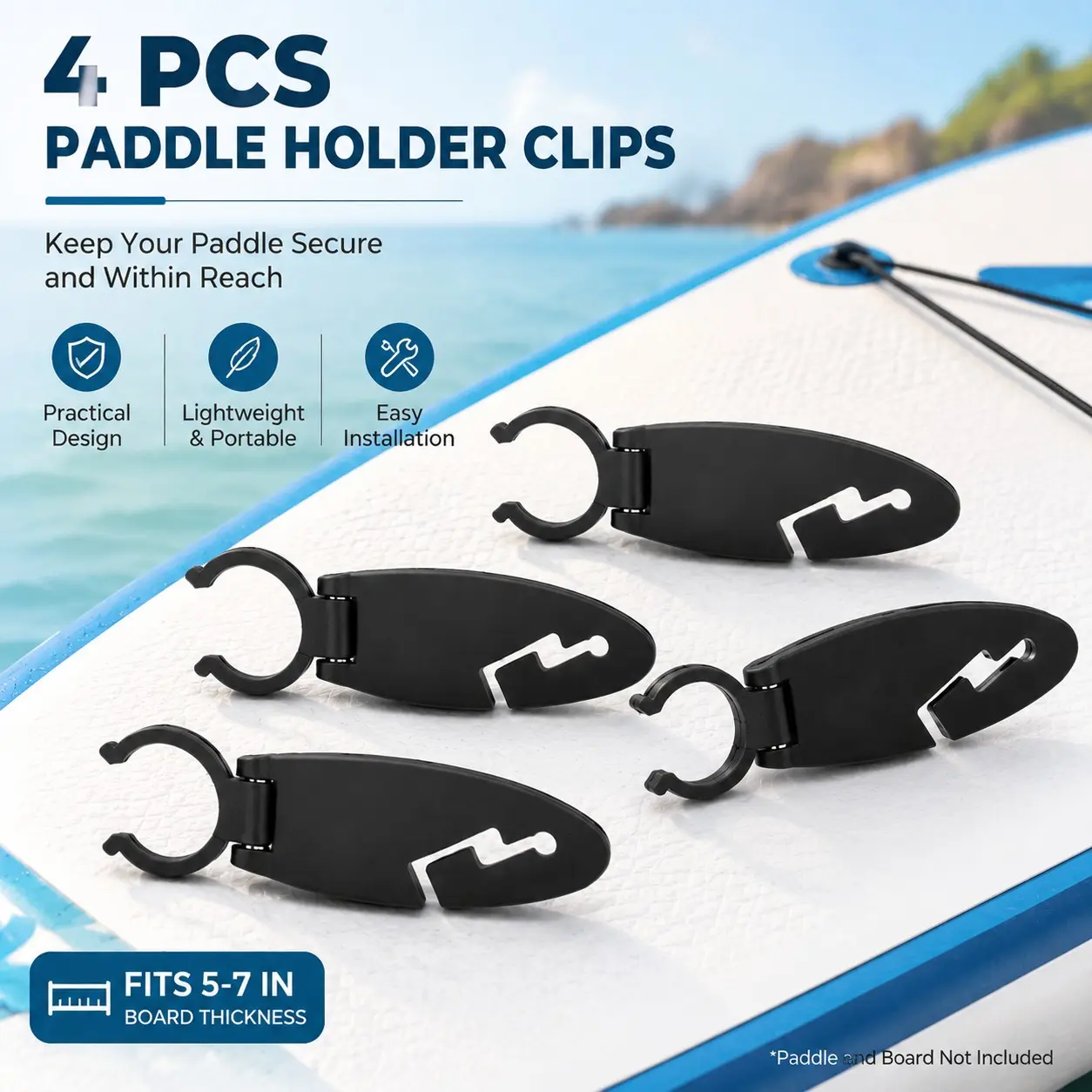 4 PCS Universal Paddle Board & Kayak Clips, Paddle Holder Mounting Clamps for 5–7 Inch Boards, Paddle Board Clips Holde Easy Installation Clips, Durable Lightweight Paddle Holder Accessories for Paddle Boarding, Kayaking, Fishing & Outdoor Use