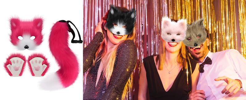GJ-L-GCS067  Faux Fur Cat Fox Mask Tail and Paw Set, Wolf Furry Suit Plush Therian Accessories Kit