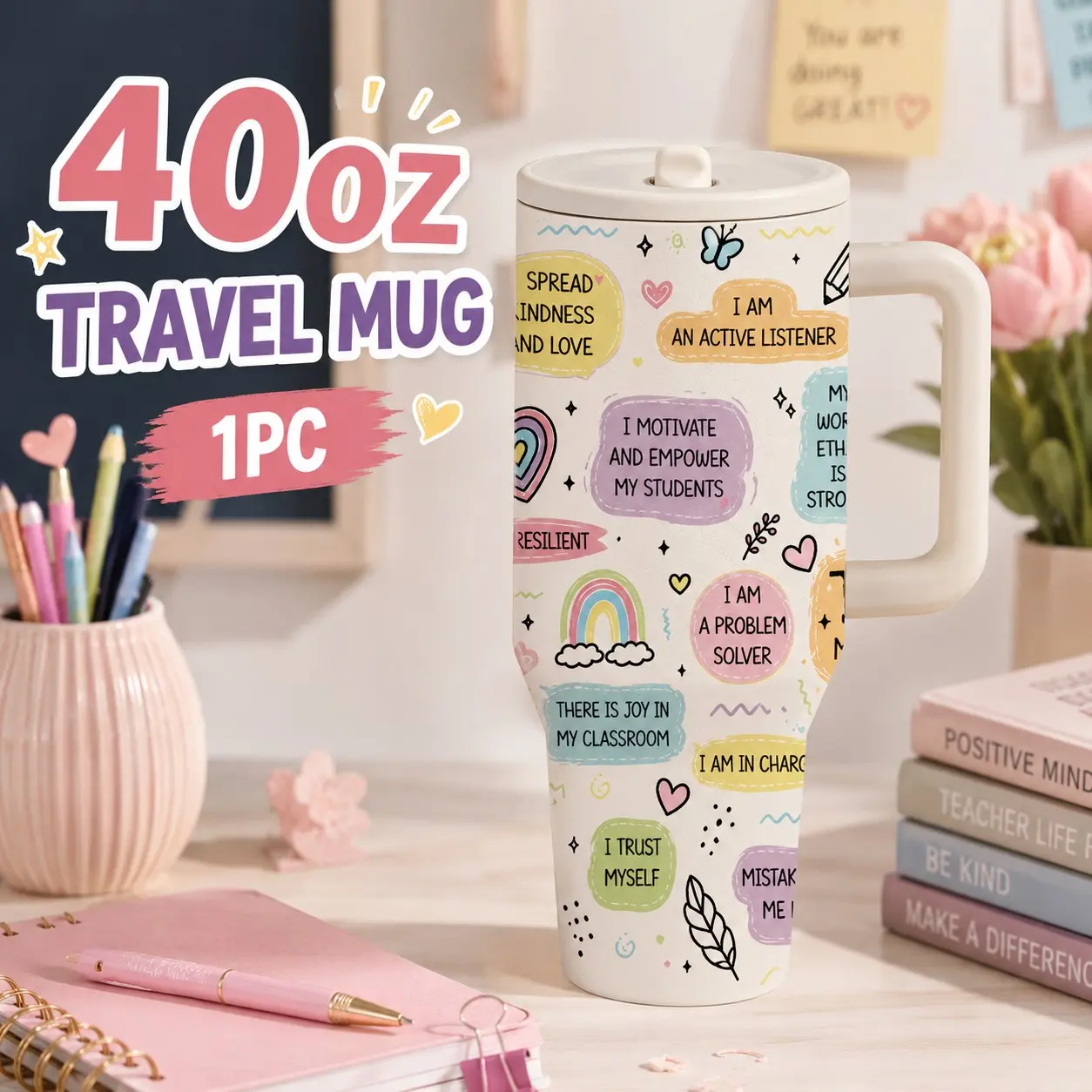 1 Pc 40oz Teacher Insulated Tumbler with Handle, Double Wall Stainless Steel Travel Mug, Leak-Proof Lid, Keeps Drinks Cold 24H & Hot 12H, Positive Affirmation Coffee Cup, Drinkware, Perfect for Classroom, Office, Teacher Appreciation