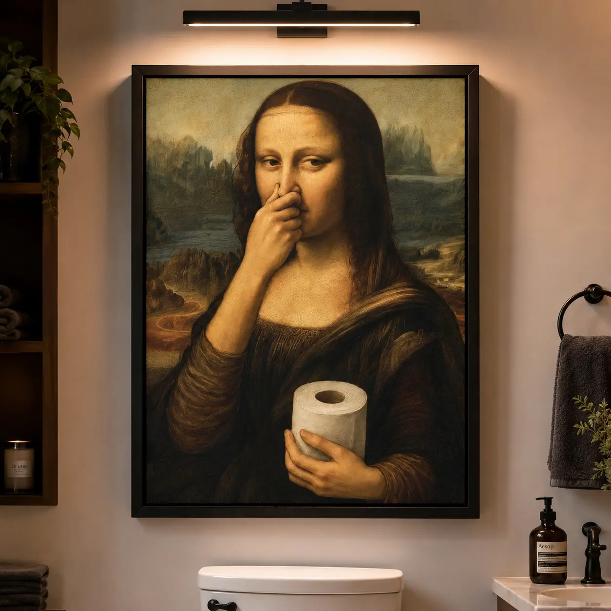 Funny Mona Lisa Parody Bathroom Poster, Vintage Home Decor Wall Art Print, Eco-Friendly Fade-Resistant Waterproof UV-Protected Vibrant Material Home Supplies Decoration