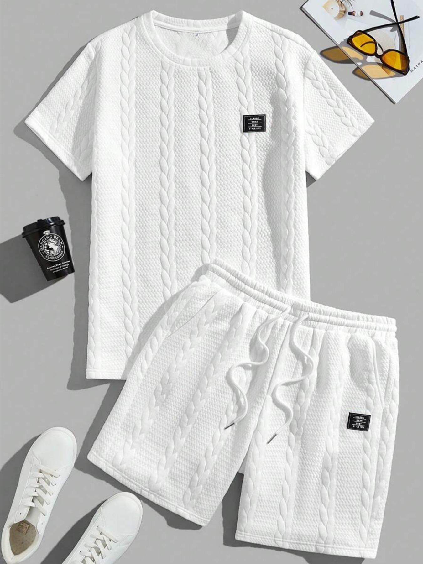 Men's Solid Textured Patched Tee & Drawstring Waist Shorts Set, Regular Fit Casual Round Neck Short Sleeve T-shirt & Pocket Shorts, Men's Summer Clothes, Casual Outfit Set Men's Solid Textured Patched Tee & Drawstring Waist Shorts Set, Regular Fit Casual Round Neck Short Sleeve T-shirt & Pocket Shorts, Men's Summer Clothes, Casual Outfit Set
