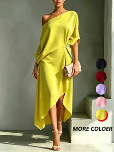 Elegant Simple Minimalist One-Shoulder Asymmetrical Midi Dress, Slim Fit Evening Gown, Evening Formal, Chic Casual Wear, Perfect for Special Occasions