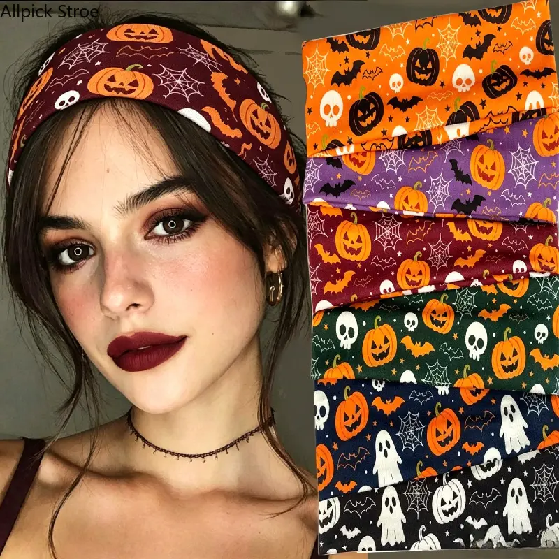 Women's Halloween Wide Elastic Headband - Pumpkin, Ghost, Bat Print Hair Accessory with c3,c4,c5,c6 for Halloween Party, Fall Outfit, Everyday Use (Bag Charm & Twilly Accessory), C1, C1-6Pcs Set, Cute, C2, Daily, Female, Stainless Steel