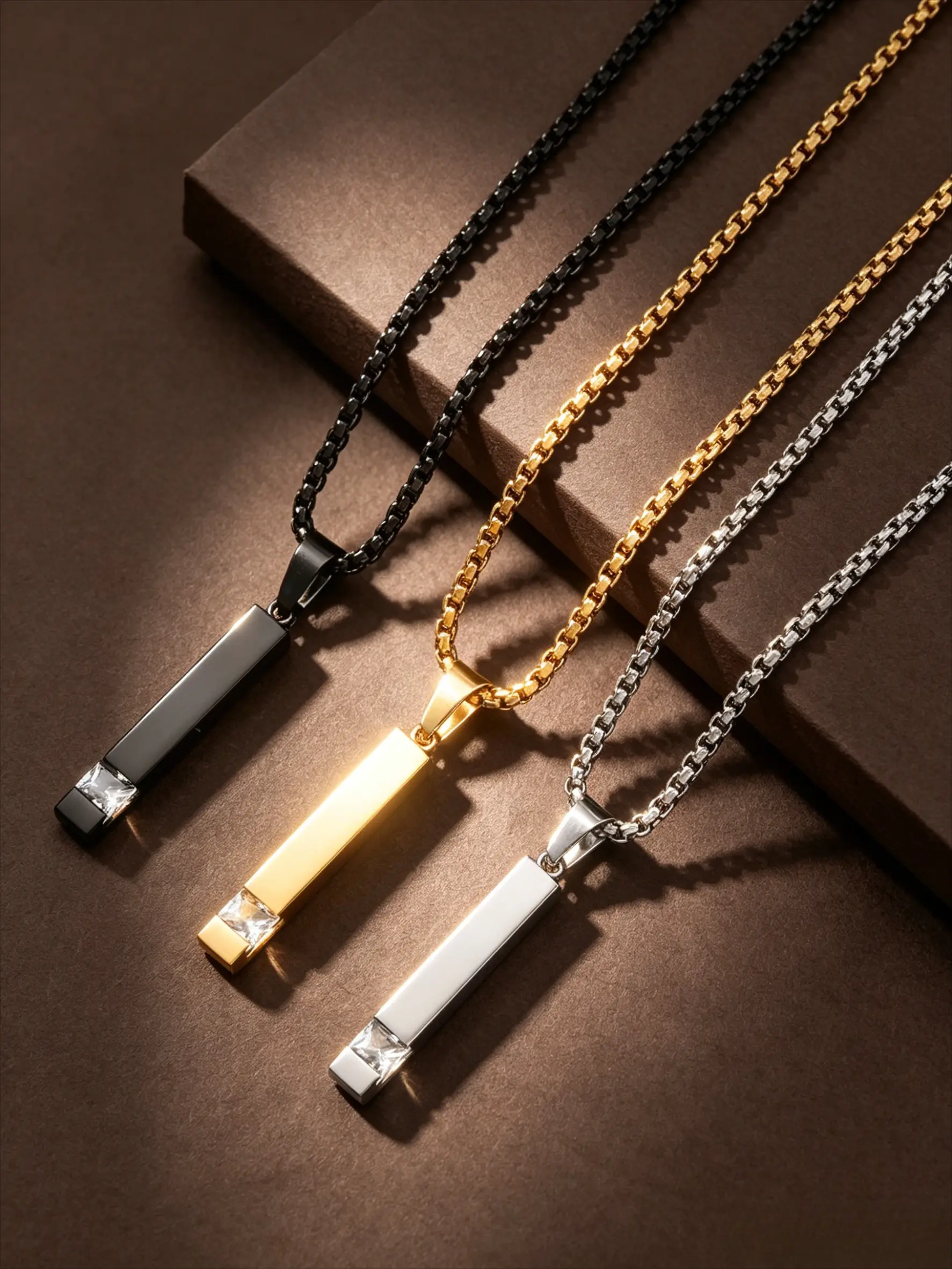 Vertical Bar Zircon Fashion Pendant Necklace, 3 Colors Silver/Gold/Black Stainless Steel Box Chain Choker, Engravable Rectangular Stick Tag, Hypoallergenic Tarnish Resistant Minimalist Unisex Layering Jewelry Gift