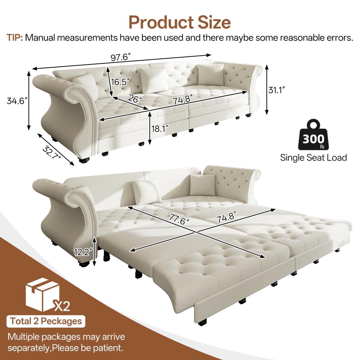 97.6" Oversized  Chesterfield Pull Out Sofa Bed, Classic Roll Arm Velvet Couch with Flower Tufting, Upholstery for Living Room/Bedroom/Apartment, Beige/White
