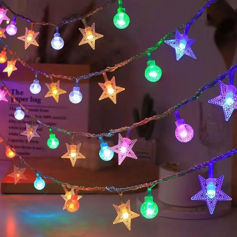 Festival Lights, Battery Powered Fairy Lights 33ft 80LED, Outdoor Waterproof String Lights with Remote, 8 Modes  Indoor, Garden, Patio, Camping, Xmas Decor (Stars+Colored Crystal Ball B)