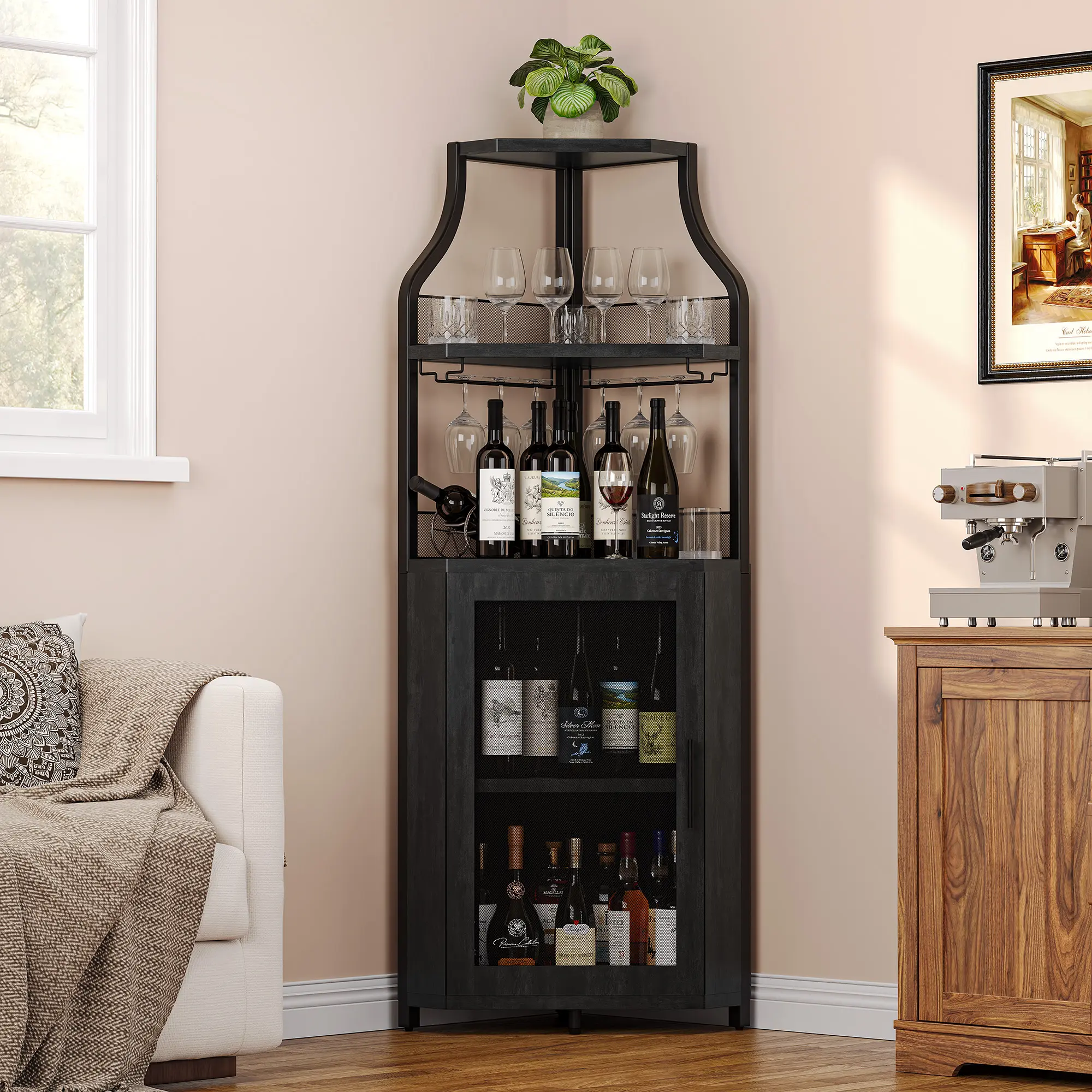 Industrial Corner Bar Cabinet with Removable Wine & Glass Racks – Adjustable Shelves, Mesh Door, Tall Liquor Storage for Home Bar or Lounge, Fits Corner Spaces
