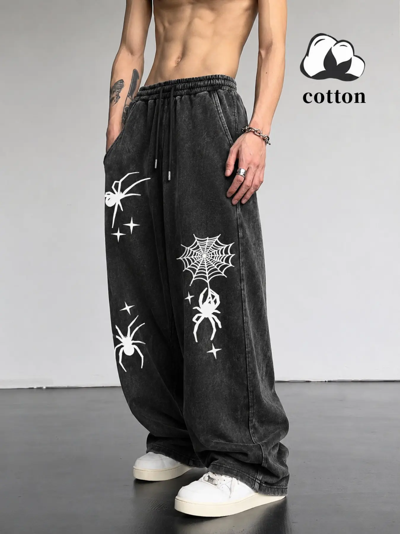 Vintage Washed Wide Leg Sweatpants, Spider Spiderweb Star Graphic Print Elastic Drawstring Waist Baggy Casual Trousers, Loose Streetwear Pants, Y2K Dark Gothic Hip Hop Wide Leg Sweatpants For Men Trendy Daily Retro Goth Street Fashion Outfit