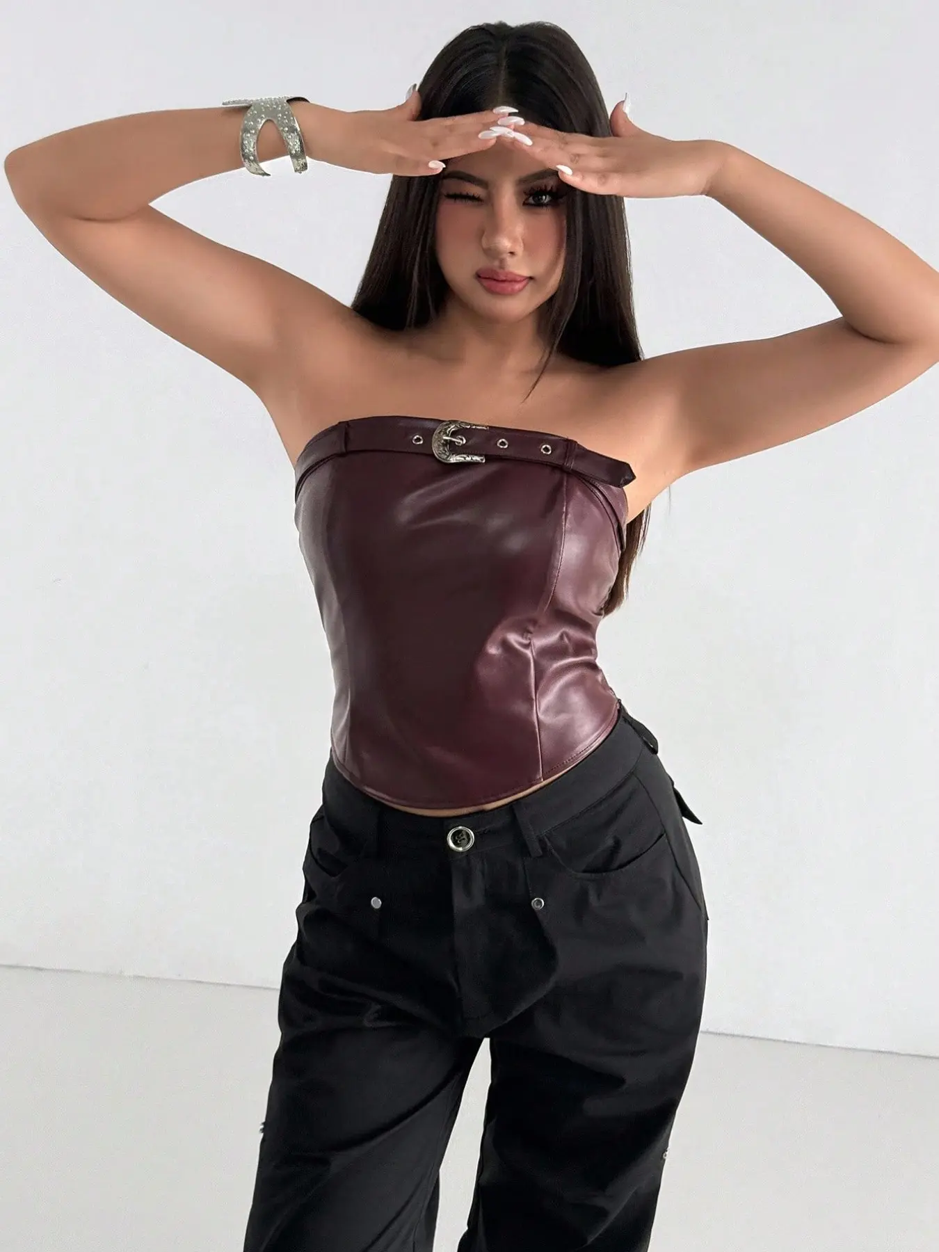2026 New Retro Style Women's Wine Imitation Leather Crop Top, Wide Strap Metal Buckle Waist Belt, Slim Fit Shoulderless PU Leather Backless Vest