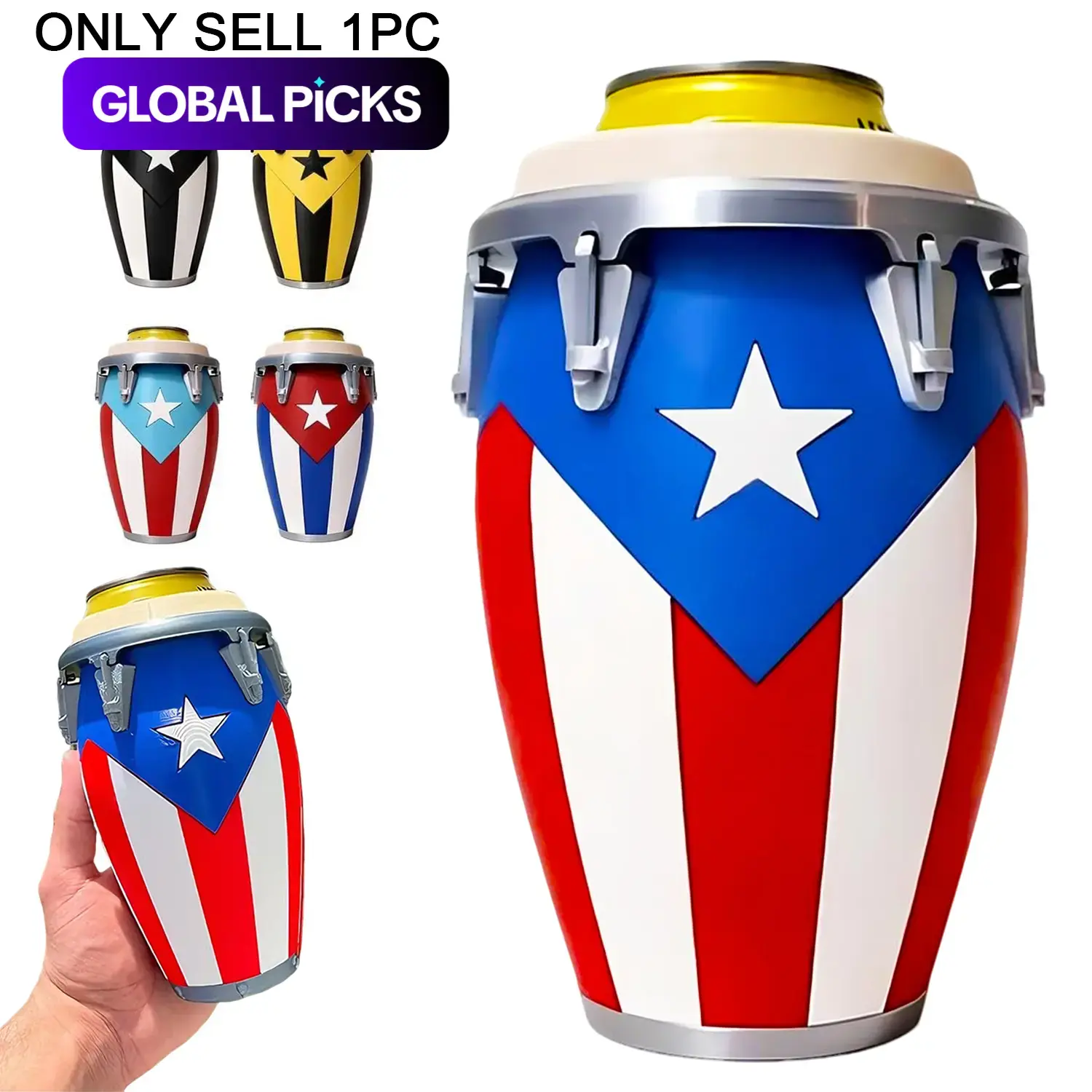Conga Style Can Holder, 3D Printed Puerto Rico Conga Drum Can Cooler, Puerto Rican Flag Insulated Beer Can Holder, Portable Beverage Carrier, Cold Beverage Holder, Drink Holders, 12oz Can Drink Cooler for Latin Party, Festival, BBQ, Puerto Rico Gift