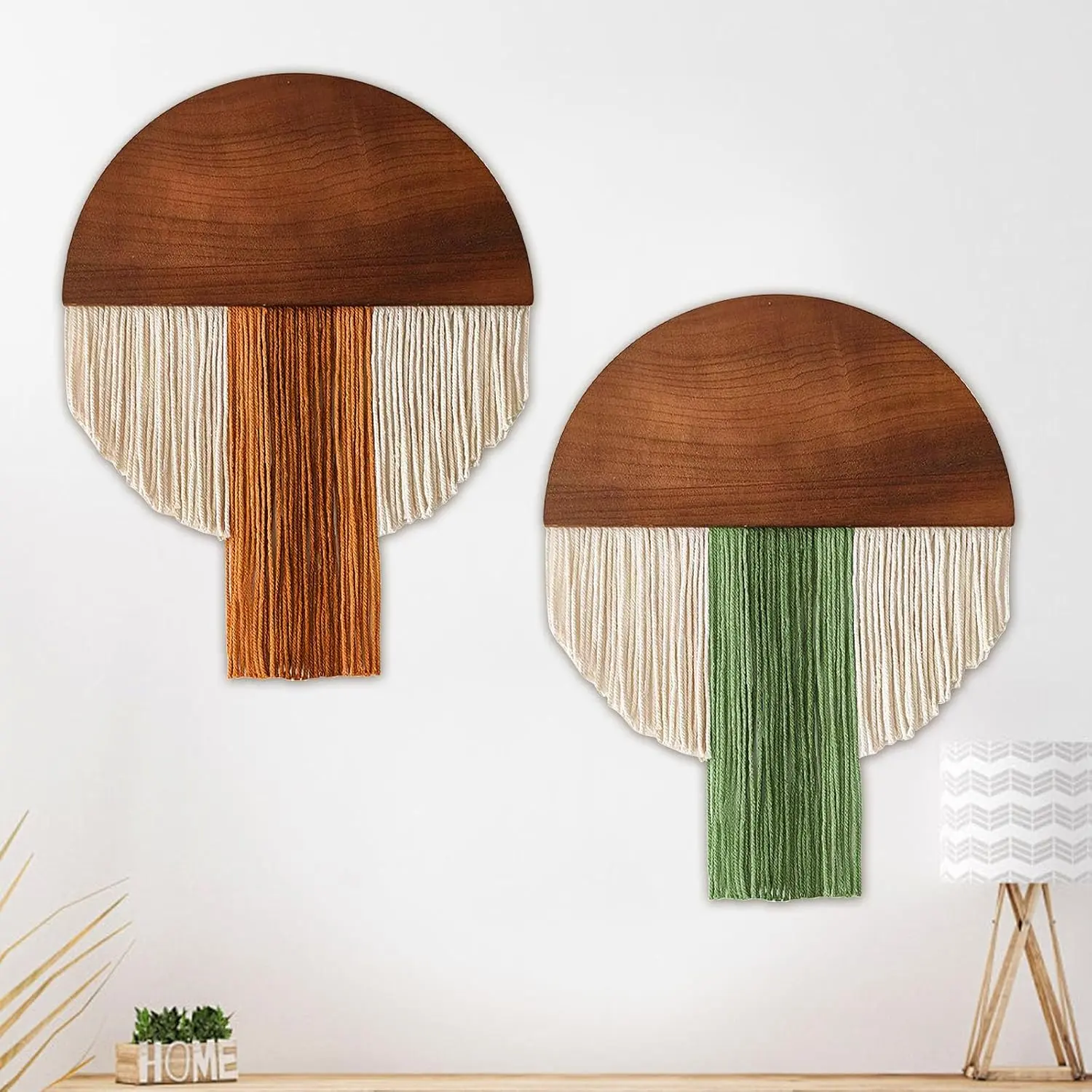 Suteng Hangable Cotton 2-Pcs Macrame Wall Hanging - Bohemian Half-Circle Wooden Board Fringe Tapestry with Hook, Lightweight Minimalist Farmhouse Decor for Living Room, Baby Nursery, Christmas & Beautiful Gifting