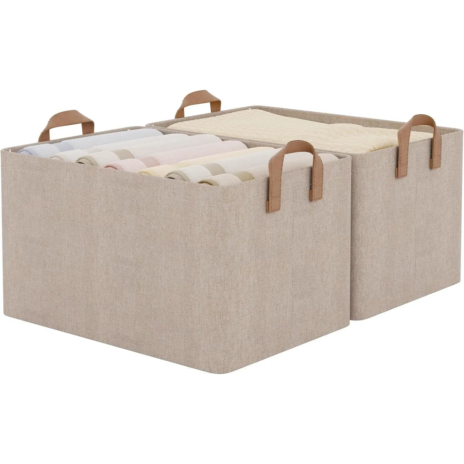 Storage Bins, Fabric Storage Bins for Shelves, Large Storage Baskets with Metal Frame, Closet Baskets and Bins with Handles, Brown and Beige, 2-Pack