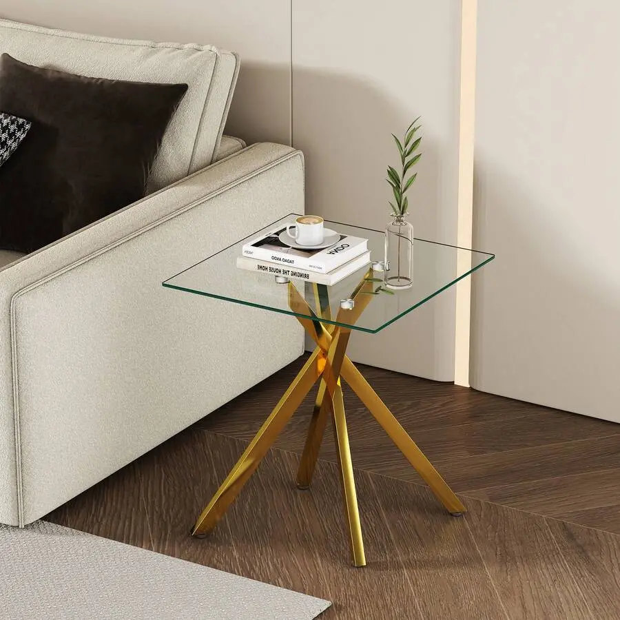 17.72" Square Clear Tempered Glass End Table,Stylish Design With Golden Metal Legs, Side Table For Living Room, 1 Piece,Adjustable,Mobile,Standing,entryway,gaming,desk,office,,affordable,dining,bedroom,vanity,,coffee,set