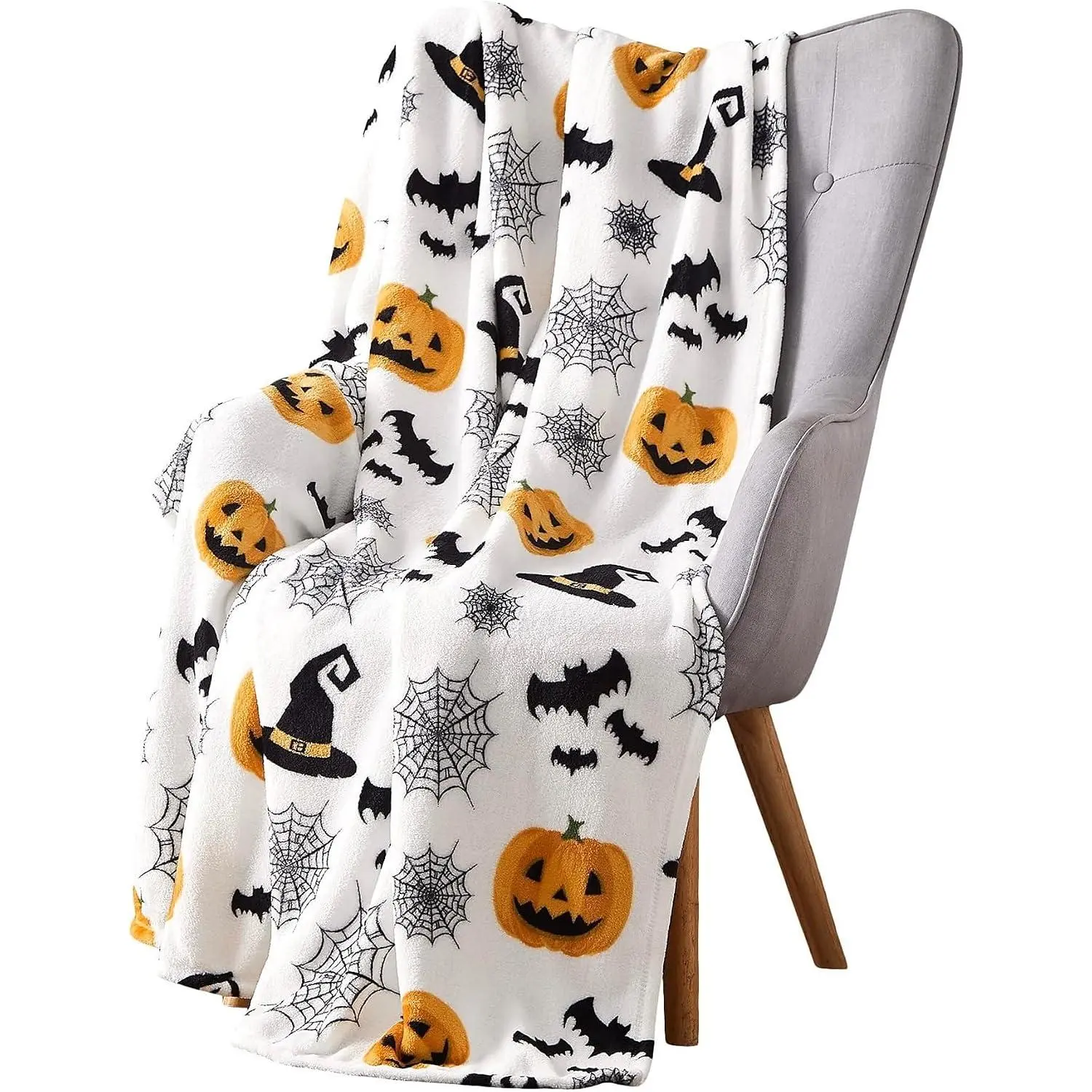 Halloween Fleece Throw Blanket,  Hat, Bats, Webs & Pumpkins, 50x60 in | Ultra-soft cozy flannel fleece, for sofa couch bed chair & dorms, spooky Halloween décor, durable and machine washable.