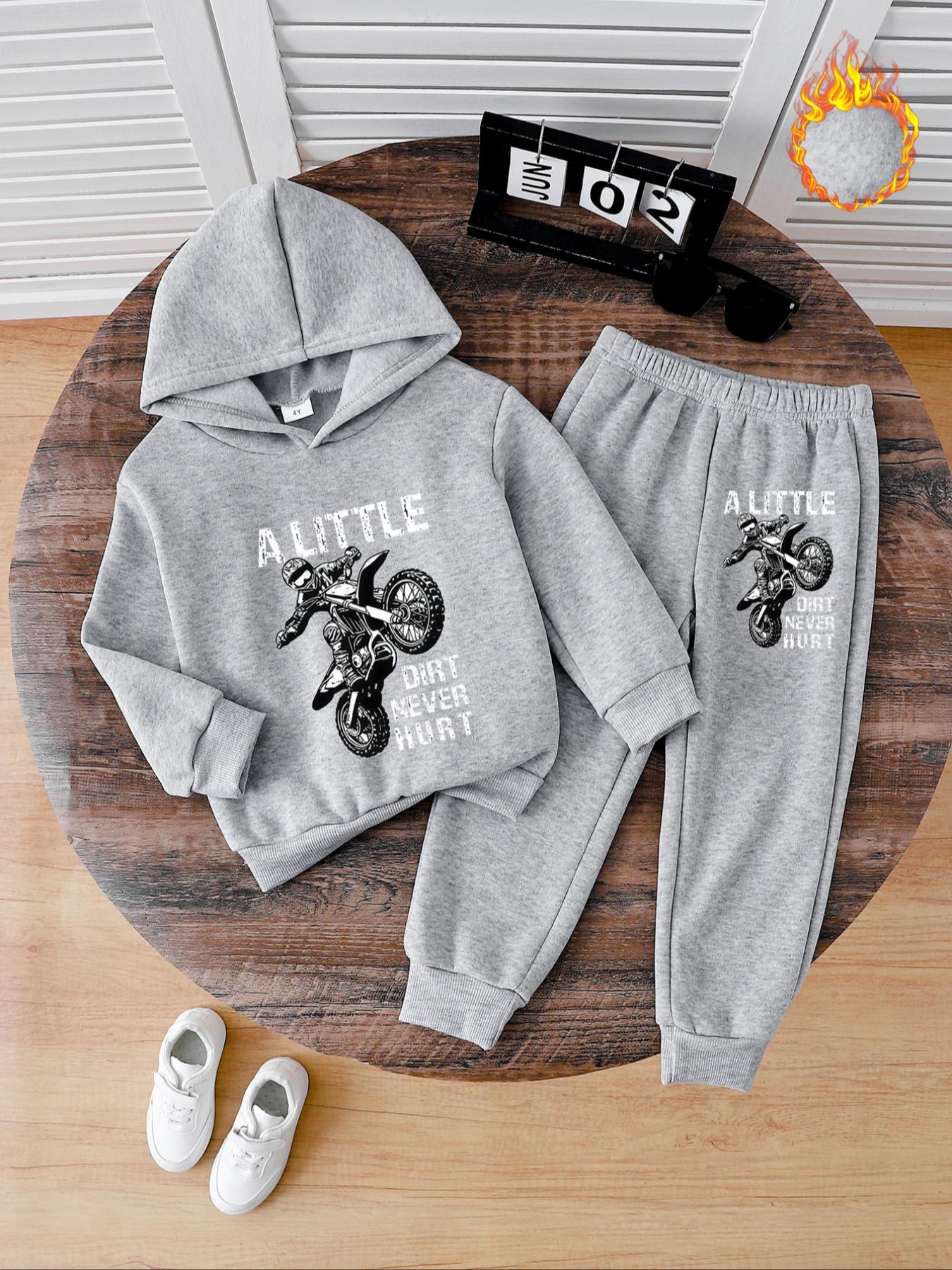 Boys' Fall & Winter Fashion Hooded Sweatshirt Set Hoodies, Thick Anime Motorcycle Print Pullover, Casual Fitted Pants, Perfect Outdoor Wear