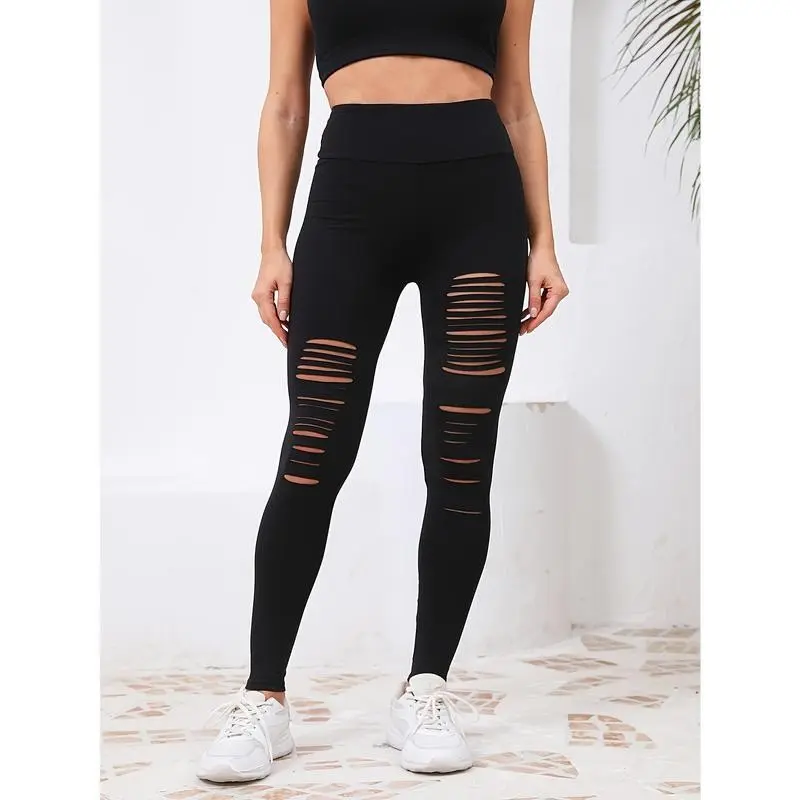 Women'SFashionableHigh-WaistedBlackLeggingswithRippedDetails-StretchyPolyester,CropLength,PerfectforSportsandFitness,SportsFitnessLeggings|RippedLeggings|StretchyFabric