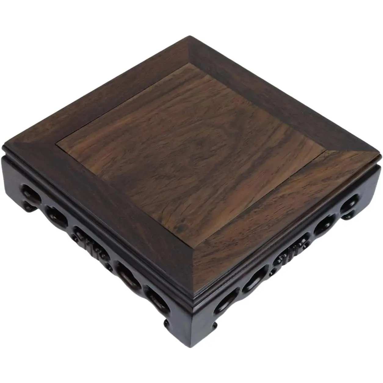 Oriental Ebony Wood Pedestal Stand - 5.5in Square Carved Riser with Wood Grain, Home Decor Base for Ceramic Vase, Teapot, Room Plants Accents
