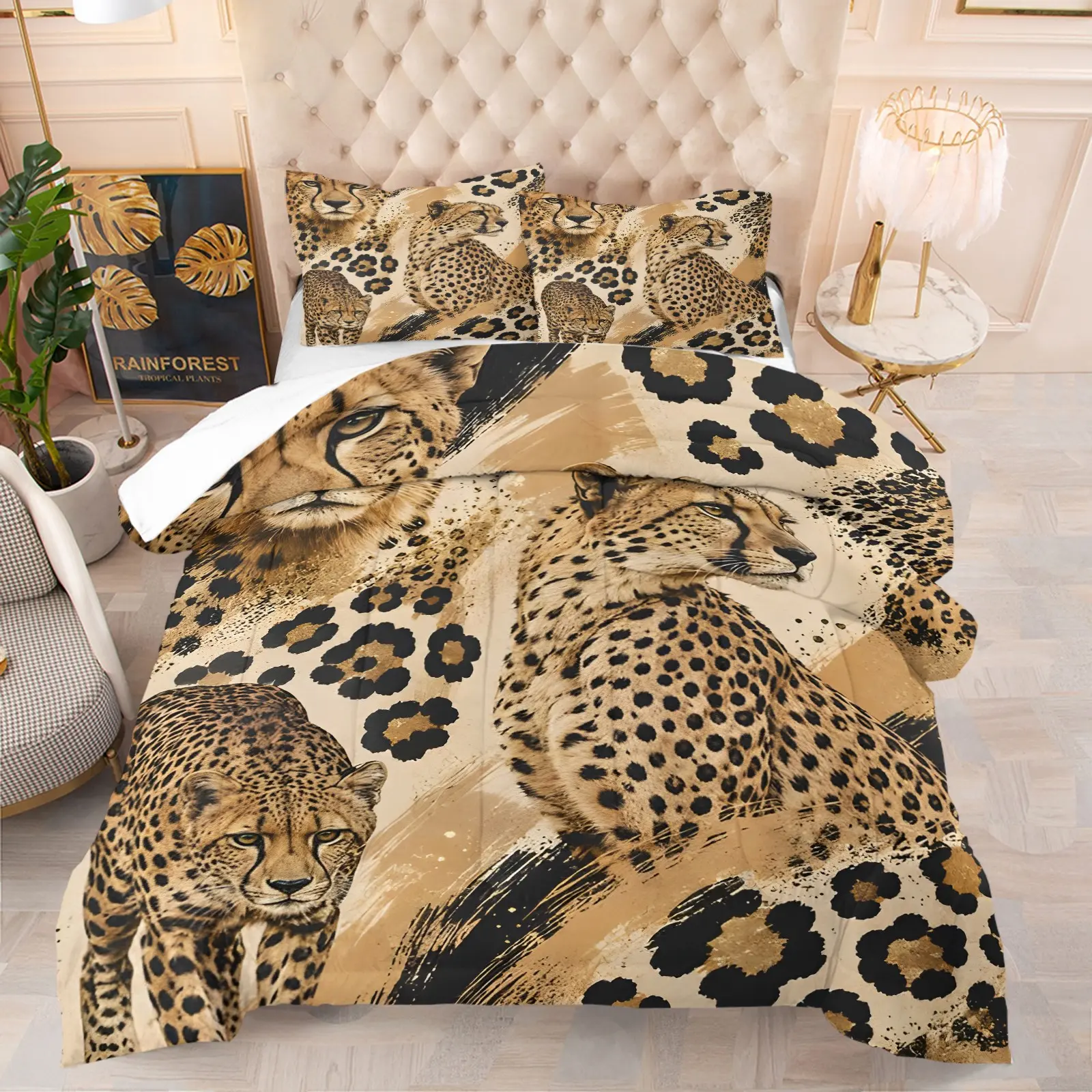 Cheetah-Patterned Bedding Set, 2/3-Piece Wildlife Print Comforter Set, Luxurious and Wild Leopard Print Bedroom Decor, Soft and Comfortable, Suitable As A Gift for Men, Women and Wildlife Lovers (Includes 1 Quilt + 1 or 2 Pillowcases).
