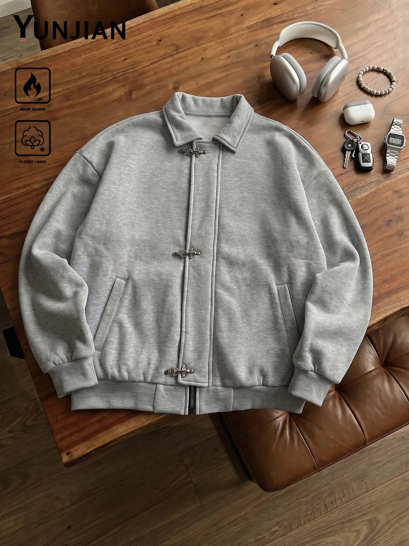 Clean Fit New Traditional Outerwear, Loose Oversize Fleece Coat, Lapel Metal Button Zip Pilot Jacket, Soft Thick Warm Korean Street Daily Layering Top