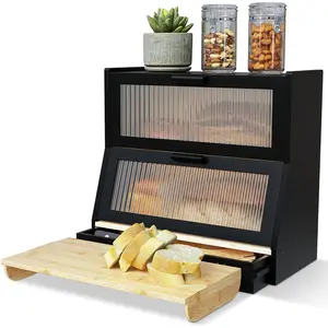 Box for Kitchen Countertop - Bamboo Wood Breadbox with Knife Storage, Ventilation Holes - Farmhouse Loaf Organizer, Versatile 2 Layer Bread Storage Container for Snacks Mugs Spices