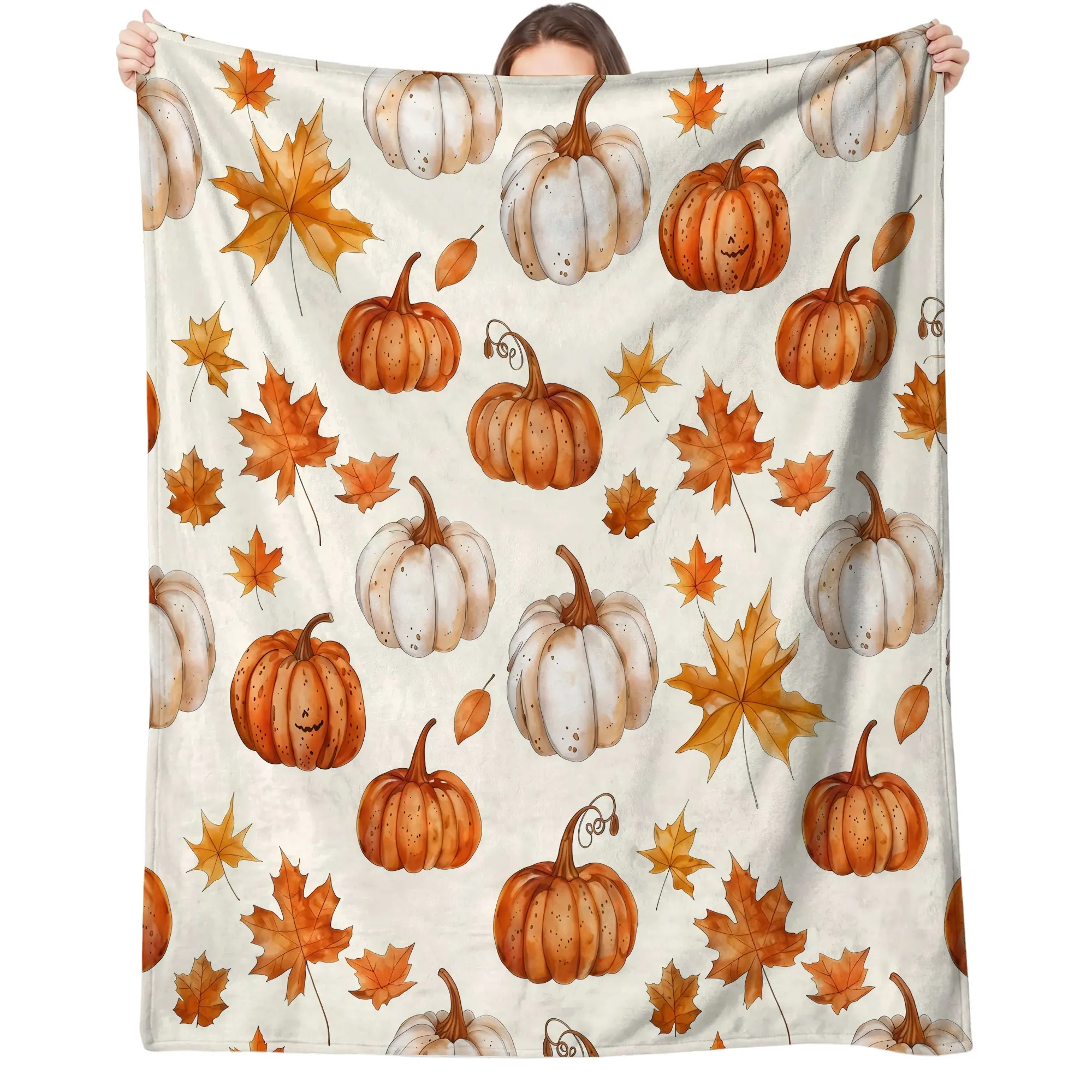Watercolor Orange White Pumpkin Maple Leaf Flannel Throw Blanket, Fall Autumn Thanksgiving Farmhouse Soft Warm Blanket for Bedroom Sofa Couch Camping Holiday Decor Gift 0713（36）